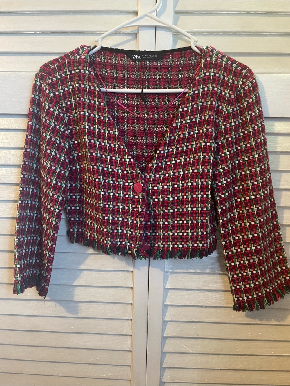 Zara Fuchsia Multi-Check Tweed Cropped Jacket